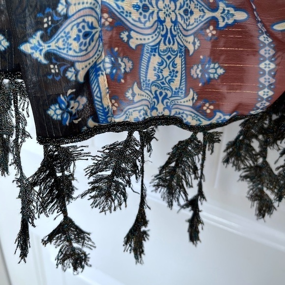 Anna Sui Women's Sz PS Petite Small Blue, Purple, Shimmery Kimono w/ Leaf Fringe - Picture 4 of 9